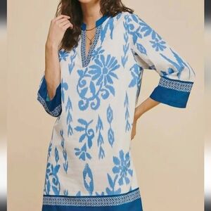 Pinch, Navy Ikat,Blue and White Patterned Tunic Dress, Size S